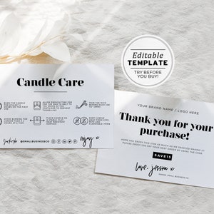 Editable Minimalist Candle Care Card Template and Thank You Card with Icons, Thank You Package Insert #055 #043 Mr White image 1