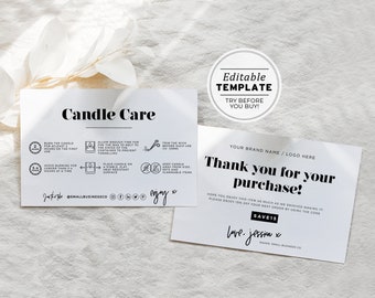 Editable Minimalist Candle Care Card Template and Thank You Card with Icons, Thank You Package Insert #055 #043 Mr White