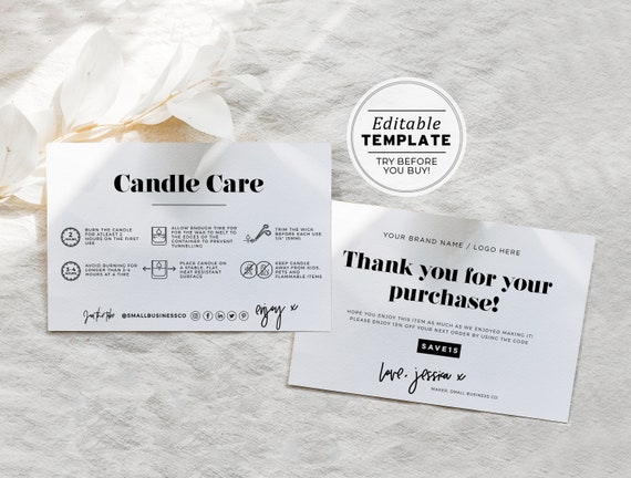 Editable Minimalist Candle Care Card Template and Thank You Card with Icons, Thank You Package Insert #055 #043 Mr White