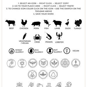 May include: Black and white icons of various food items, including beef, chicken, pork, fish, lamb, duck, turkey, vegetarian, crab, prawn, lobster, wheat allergy, egg allergy, nut allergy, and vegan.  Below are black and white icons of various food labels, including organic product, sulfate free, sustainable, vegan, non-GMO, antioxidant, certified organic, natural ingredients, organic product, vegan, 100% natural, certified organic, and ethically sourced.