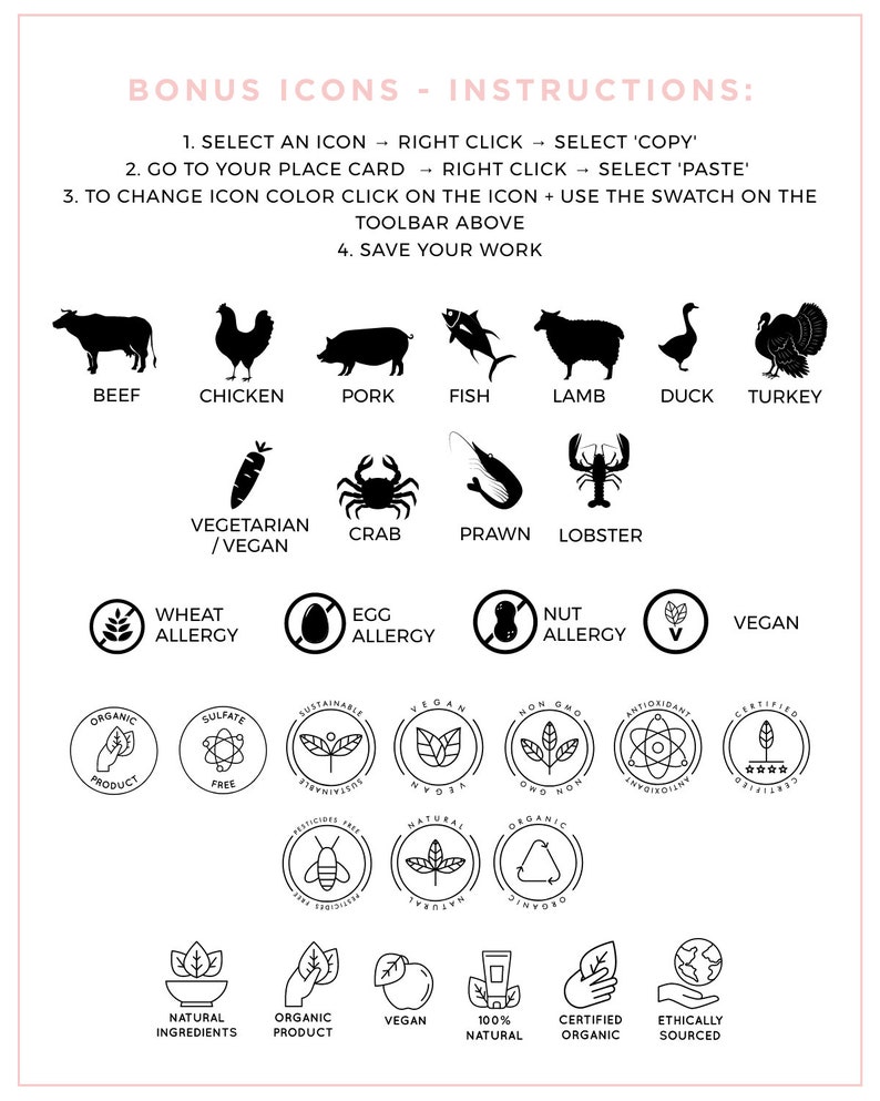 May include: Black and white icons of various food items, including beef, chicken, pork, fish, lamb, duck, turkey, vegetarian, crab, prawn, lobster, wheat allergy, egg allergy, nut allergy, and vegan.  Below are black and white icons of various food labels, including organic product, sulfate free, sustainable, vegan, non-GMO, antioxidant, certified organic, natural ingredients, organic product, vegan, 100% natural, certified organic, and ethically sourced.