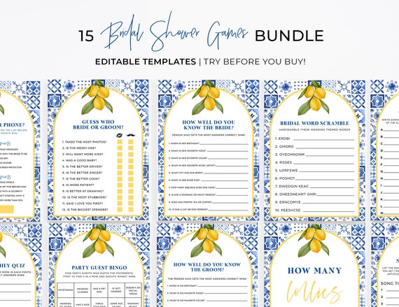 Bridal Shower Games Bundle, Set of 15 Bachelorette Games, Digital Download, Printable Editable Template #090 Amalfi Mediterranean