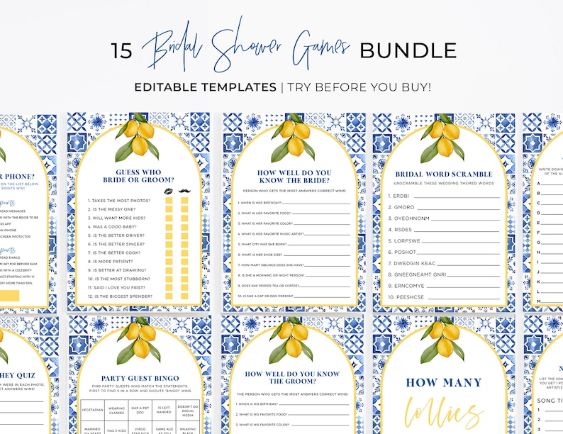 May include: A printable bridal shower game bundle with 15 different games. The games are themed with a blue and white tile pattern and lemons. The games include "Guess Who Bride or Groom?", "How Well Do You Know the Bride?", "Bridal Word Scramble", "Party Guest Bingo", "How Well Do You Know the Groom?" and "How Many Lollies".