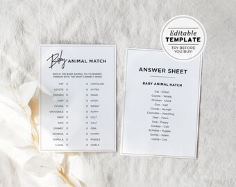 Juliette Baby Animal Match Baby Shower Game, Baby Animal Game, Baby Shower Activity | PRINTABLE EDITABLE TEMPLATE #004