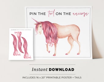 Pin the Tail on the Unicorn Printable Poster, Kids Birthday Party Game, INSTANT DOWNLOAD