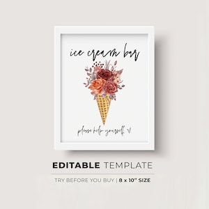 Ice Cream Bar Sign, Sundae Bar, Minimalist Wedding, Baby Shower, Bridal Shower Ice Cream Bar, Dessert Sign | EDITABLE TEMPLATE #028 Willow