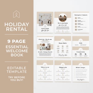 May include: A nine-page welcome book template for holiday rentals. The template includes pages for check-in/check-out, house rules, WiFi, transportation, where to eat, things to do, and before you go. The template is editable and can be used to create a custom welcome book for your rental property.