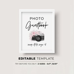 Pink Floral Photo Guestbook Sign, Wedding Photo Guest book Template, Wedding Photo booth Sign, Printable Photo Guestbook #028
