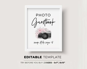 Pink Floral Photo Guestbook Sign, Wedding Photo Guest book Template, Wedding Photo booth Sign, Printable Photo Guestbook #028
