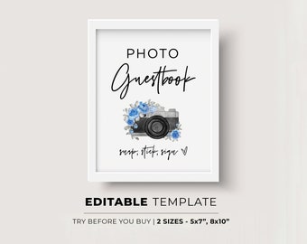 Blue Floral Photo Guestbook Sign, Wedding Photo Guest book Template, Wedding Photo booth Sign, Printable Photo Guestbook #028
