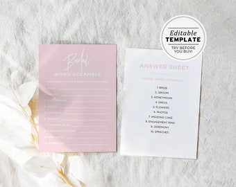 Blush Minimalist Bridal Word Scramble Bridal Shower Game, Wedding Shower Games, Hens Party Games | EDITABLE TEMPLATE #035