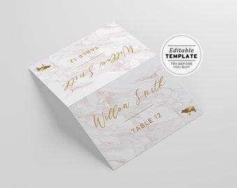 Pink Marble & Gold Place Card Template With Meal Icons, Editable Wedding Place Cards, Escort Cards | PRINTABLE EDITABLE TEMPLATE #011
