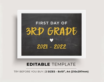 First Day of Third Grade 2021-2022, First Day of School Printable, First Day Picture, First Day Photo Prop, chalkboard sign, school sign