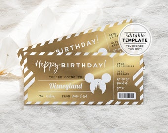 Printable Theme Park Gold Ticket Birthday Gift Template, Surprise Gift Certificate | EDITABLE TEMPLATE #082