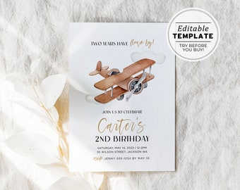 Vintage Watercolor Aeroplane Birthday Party Invite Template | EDITABLE TEMPLATE #097 Mr Aero