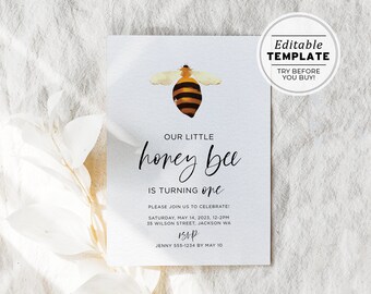 Minimalist Honey Bee Themed Birthday Party Invite Template | EDITABLE TEMPLATE