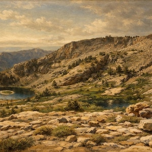 Op de afbeelding: Een olieverfschilderij van een ruig berglandschap met rotsachtig, ongelijk terrein met verspreide groene struiken en bomen. Twee kleine, donkerblauwe bergmeren liggen genesteld in de hellingen onder een bewolkte, lichtgevende lucht.