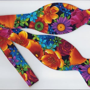 Bright Floral Bow Tie, Red Orange Blue Purple Flowers, Self-tie or Pre-tied, Tropical Wedding, Bow Ties for Men, Boys bow tie, Girl Hair Bow image 1