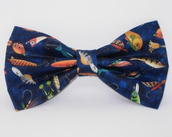 Fishing Bow Tie | Popular Fishing Lures on Navy Blue | Pre-tied Bow tie | Fishing Gift | Bow ties for Men | Boys Bow tie | Girls Hair Bow