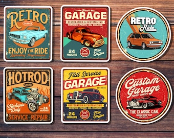 Set of 6 Retro Car Stickers (Set 1) Vintage Metal Signs, Custom Hot Rod, Mechanic Stickers, Waterproof Vinyl, Water bottle, Tool Box Sticker