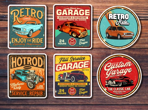 Set di 6 adesivi per auto retrò set 1 Segni metallici vintage, Hot Rod  personalizzato, adesivi meccanici, vinile impermeabile, bottiglia d'acqua,  adesivo cassetta degli attrezzi -  Italia