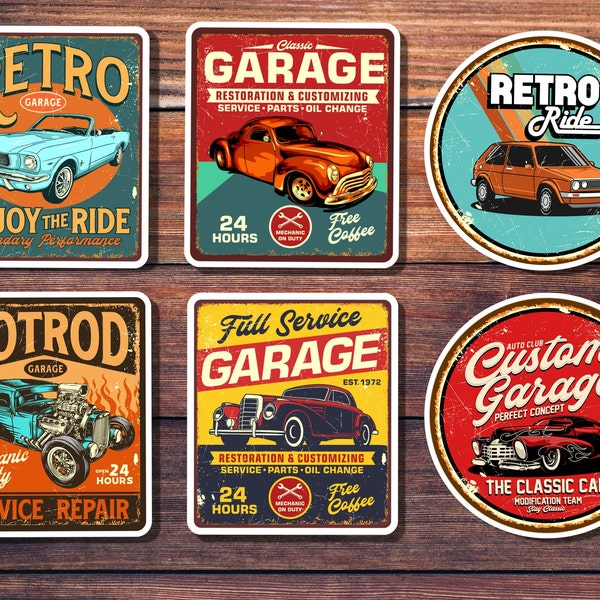 Set of 6 Retro Car Stickers (Set 1) Vintage Metal Signs, Custom Hot Rod, Mechanic Stickers, Waterproof Vinyl, Water bottle, Tool Box Sticker