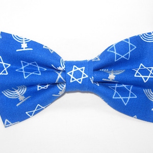 Hanukkah Bow tie, Star of David on Blue, Pre-tied Bow Tie, Jewish Holiday, Baby bow tie, Boys Bow tie, Silver Menorahs, Bar Mitzvah Ties