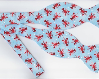 Lobster Bow tie, Red Lobster on Blue, Self-tie & Pre-tied, Nautical Cruise Bow tie, Crawfish, Bow ties for Men, Boys bow tie, Girls Hair bow