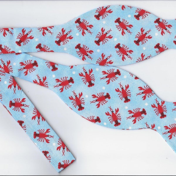 Lobster Bow tie, Red Lobster on Blue, Self-tie & Pre-tied, Nautical Cruise Bow tie, Crawfish, Bow ties for Men, Boys bow tie, Girls Hair bow