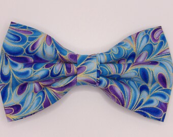 Peacock Swirl Bow tie, Blue and Purple Swirls, Metallic Gold Highlights, Pre-tied Bow tie, Bow ties for Men, Boys bow tie, Girls Hair Bow
