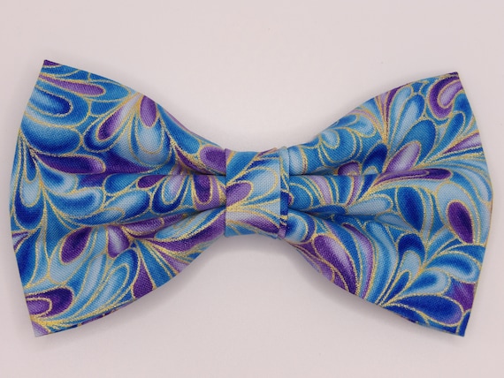 Peacock Swirl Bow Tie, Blue and Purple Swirls, Metallic Gold  display picture 1