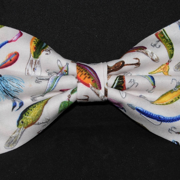 Fishing Bow Tie, Fishing Lures on White, Fly Fishing, Pre-tied Bow tie, Father's Day Gift, Bow ties for Men, Boys Bow tie, Girls Hair Bow