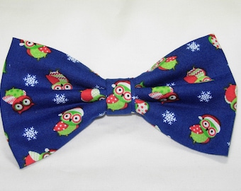 Christmas Party Bow tie | Holiday Owls & Snowflakes on Dark Blue | Pre-tied Bow Tie | Bow ties for Men | Boys Bow tie | Girls Hair Bow