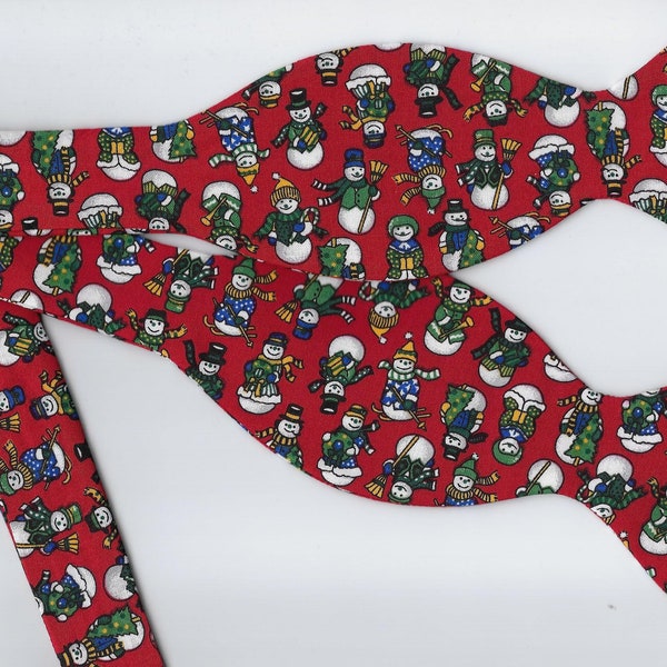 Christmas Bow Tie | Dressed up Snowmen on Red | Self-tie or Pre-tied | Christmas Party | Bow ties for Men | Boy bow tie | Girls Hair Bow