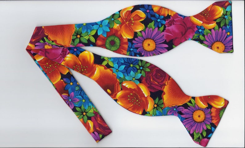 Bright Floral Bow Tie, Red Orange Blue Purple Flowers, Self-tie or Pre-tied, Tropical Wedding, Bow Ties for Men, Boys bow tie, Girl Hair Bow image 1