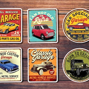 Set of 6 Retro Car Stickers (Set 2) Vintage Metal Signs, Custom Hot Rod, Mechanic Stickers, Waterproof Vinyl, Water bottle, Tool Box Sticker