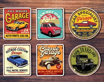 Set of 6 Retro Car Stickers (Set 2) Vintage Metal Signs, Custom Hot Rod, Mechanic Stickers, Waterproof Vinyl, Water bottle, Tool Box Sticker