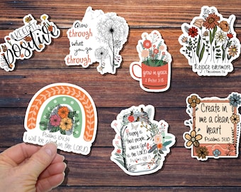 Set of 7 Wildflower Stickers, Christian Bible Verses, Grow in Grace, Laptop Stickers, Waterproof, Water bottles, Journals, Rejoice Gift Sets