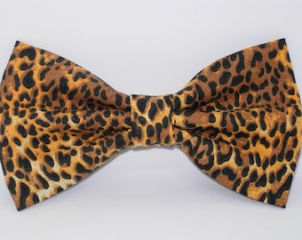Cheetah Animal Print Bow Tie, Brown Tan Cotton, Pre-tied, Men, Boys, Girls Hair Clip