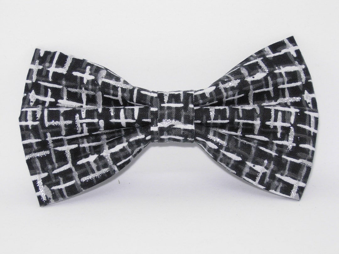 Black & Silver Bow Tie, Trendy Haystack, Metallic Silver, Pretied