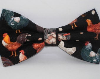 Rooster Bow tie, Hens, Chickes, Farm Eggs, Roosters on Black, Farmer Gift, Pre-tied Bow tie, Bow ties for Men, Boy Bow tie, Girl Hair Bow