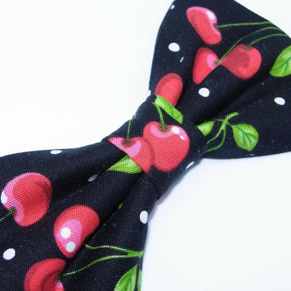 Cherry Bow Tie, Red Cherries & Polka Dots on Black, Pre-tied Bow tie, Bow ties for men, Boys bow tie, Girls Hair Bow, Red and Black tie