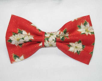 Christmas Bow tie, White Christmas Poinsettias on Red, Pre-tied Bow Tie, Holiday Party, Bow ties for Men, Boys bow tie, Girls Hair Bow