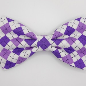 May include: A purple and white argyle bow tie. The bow tie features a repeating diamond pattern in shades of purple and white, with black dashed lines. The bow tie is pre-tied and has a white adjustable neckband.