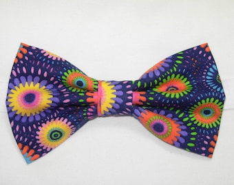 Retro Bow tie | Purple, Pink, Yellow Daisies | Pre-tied Bow tie | 60's & 70's Wedding | Bow ties for Men | Boys bow ties | Girls Hair Bow