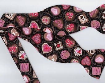 Valentine's Day Bow Tie, Fancy Chocolates, Valentine Candy, Pink Hearts, Self-tie or Pre-tied, Bow ties for Men, Boy bow tie, Girls Hair Bow