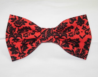 Pajarita roja y negra, pajarita pequeña negra damasco sobre rojo, pajarita roja, pajarita preanudada, boda vintage, pajarita para hombre, pajarita para niño, lazo para el cabello de niña