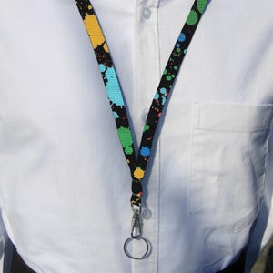 Paint Splatter Lanyard, Colorful Splashes on Black, Artistic Key Fob, Cell Phone Wristlet, Art Teacher Key Chain, Cool Sports, Soft Edges