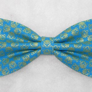 Blue & Gold Bow tie | Delicate Metallic Gold Filigree on Teal Blue | Pre-tied Bow Tie | Bow ties for Men | Boys Bow tie | Girls Hair Bow