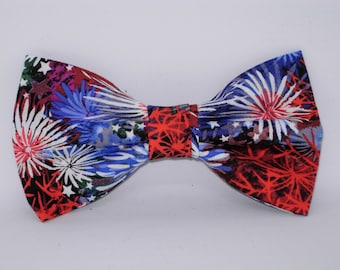 Pajarita de fuegos artificiales, 4 de julio, fuegos artificiales rojos, blancos y azules, pajarita patriótica, pajarita para hombre, pajarita preanudada, pajarita para niño, lazo para el cabello de niña